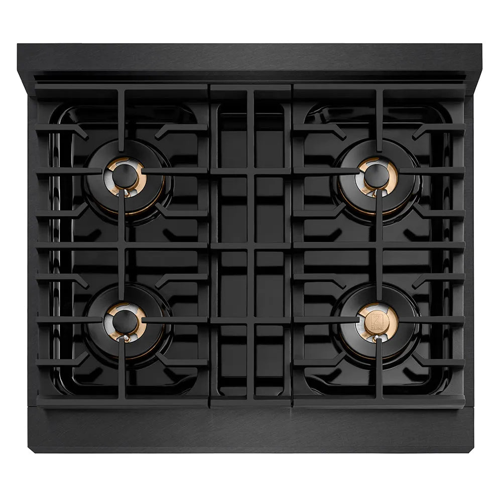 ZLINE Designer Collection 30 in. 4.2 cu. ft. Paramount Dual Fuel Range with 4 Burner DuoPro™ Cooktop and Electric Convection Oven in Black Satin Stainless Steel with Matte Black and Champagne Bronze Accents (PSDRBSZ-30-MBCB) top-down, above cooktop.