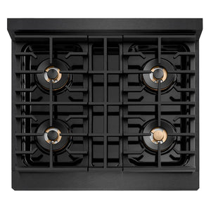 ZLINE Designer Collection 30 in. 4.2 cu. ft. Paramount Dual Fuel Range with 4 Burner DuoPro™ Cooktop and Electric Convection Oven in Black Satin Stainless Steel with Matte Black and Champagne Bronze Accents (PSDRBSZ-30-MBCB) top-down, above cooktop.