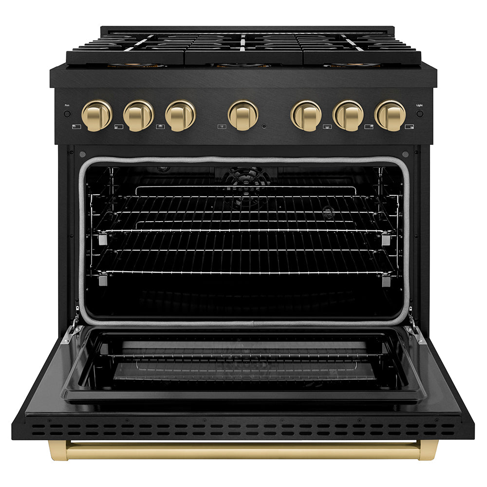 ZLINE Autograph Edition 36 in. 5.2 cu. ft. Paramount Dual Fuel Range with 6 Burner DuoPro™ Cooktop and Electric Convection Oven in Black Satin Stainless Steel and Champagne Bronze Accents (PSDRBSZ-36-CB) front, oven open.