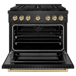 ZLINE Autograph Edition 36 in. 5.2 cu. ft. Paramount Dual Fuel Range with 6 Burner DuoPro™ Cooktop and Electric Convection Oven in Black Satin Stainless Steel and Champagne Bronze Accents (PSDRBSZ-36-CB) front, oven open.