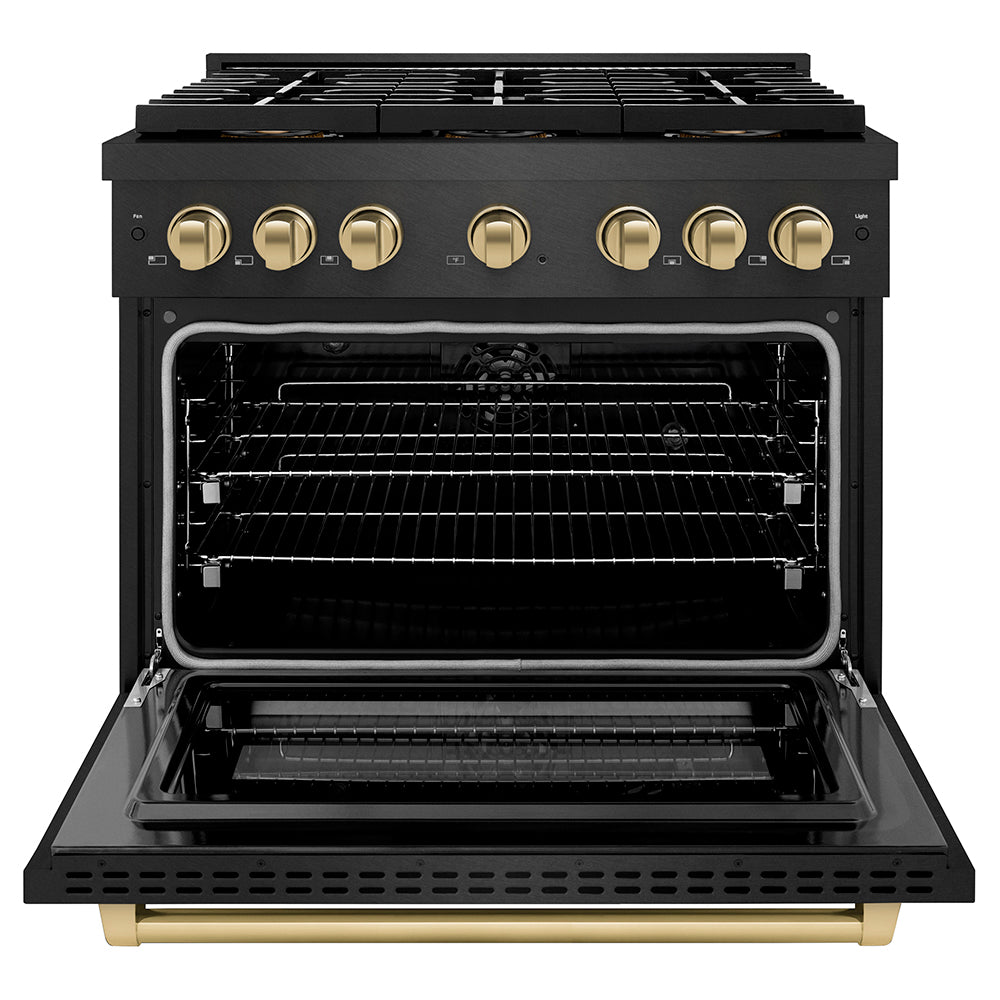 ZLINE Autograph Edition 36 in. 5.2 cu. ft. Paramount Dual Fuel Range with 6 Burner DuoPro™ Cooktop and Electric Convection Oven in Black Satin Stainless Steel and Champagne Bronze Accents (PSDRBSZ-36-CB) front, oven open.