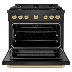 ZLINE Autograph Edition 36 in. 5.2 cu. ft. Paramount Dual Fuel Range with 6 Burner DuoPro™ Cooktop and Electric Convection Oven in Black Satin Stainless Steel and Champagne Bronze Accents (PSDRBSZ-36-CB) front, oven open.