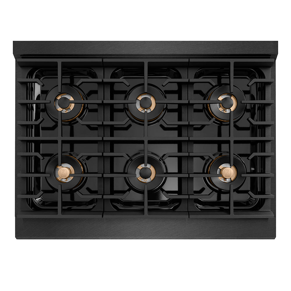 ZLINE Autograph Edition 36 in. 5.2 cu. ft. Paramount Dual Fuel Range with 6 Burner DuoPro™ Cooktop and Electric Convection Oven in Black Satin Stainless Steel and Champagne Bronze Accents (PSDRBSZ-36-CB) top-down, above cooktop.