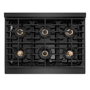 ZLINE Autograph Edition 36 in. 5.2 cu. ft. Paramount Dual Fuel Range with 6 Burner DuoPro™ Cooktop and Electric Convection Oven in Black Satin Stainless Steel and Champagne Bronze Accents (PSDRBSZ-36-CB) top-down, above cooktop.