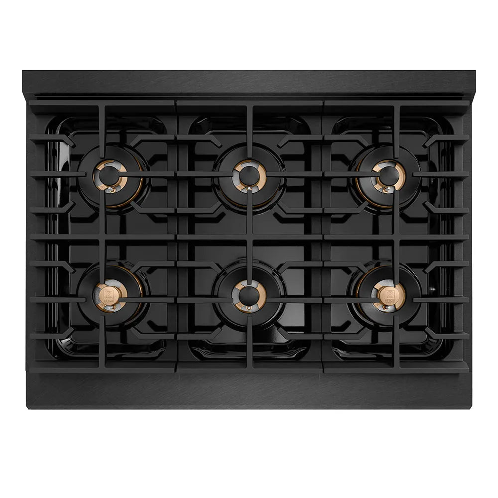 ZLINE Autograph Edition 36 in. 5.2 cu. ft. Paramount Dual Fuel Range with 6 Burner DuoPro™ Cooktop and Electric Convection Oven in Black Satin Stainless Steel and Champagne Bronze Accents (PSDRBSZ-36-CB) top-down, above cooktop.