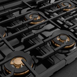ZLINE Autograph Edition 36 in. 5.2 cu. ft. Paramount Dual Fuel Range with 6 Burner DuoPro™ Cooktop and Electric Convection Oven in Black Satin Stainless Steel and Polished Gold Accents (PSDRBSZ-36-G) burner spread and grates.