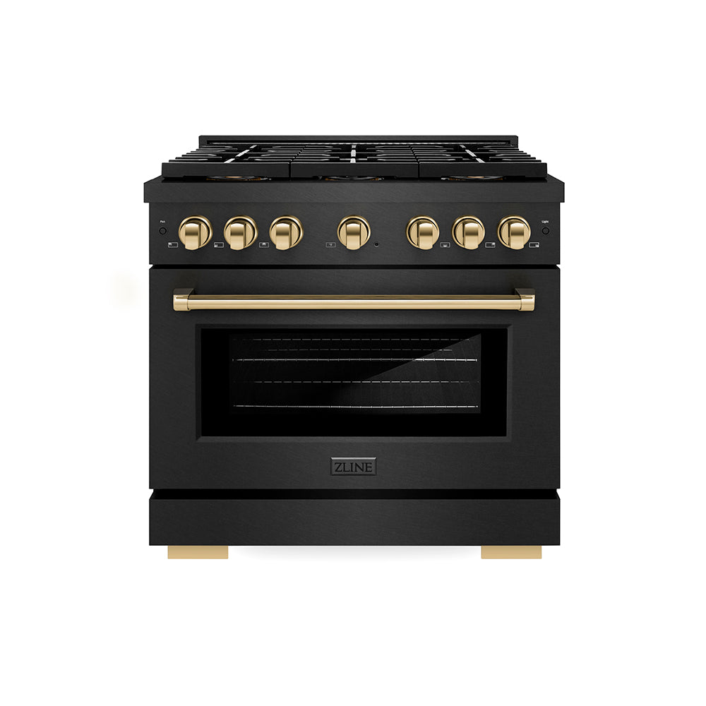 ZLINE Autograph Edition 36 in. 5.2 cu. ft. Paramount Dual Fuel Range with 6 Burner DuoPro™ Cooktop and Electric Convection Oven in Black Satin Stainless Steel and Polished Gold Accents (PSDRBSZ-36-G)
