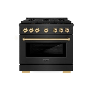 ZLINE Autograph Edition 36 in. 5.2 cu. ft. Paramount Dual Fuel Range with 6 Burner DuoPro™ Cooktop and Electric Convection Oven in Black Satin Stainless Steel and Polished Gold Accents (PSDRBSZ-36-G)