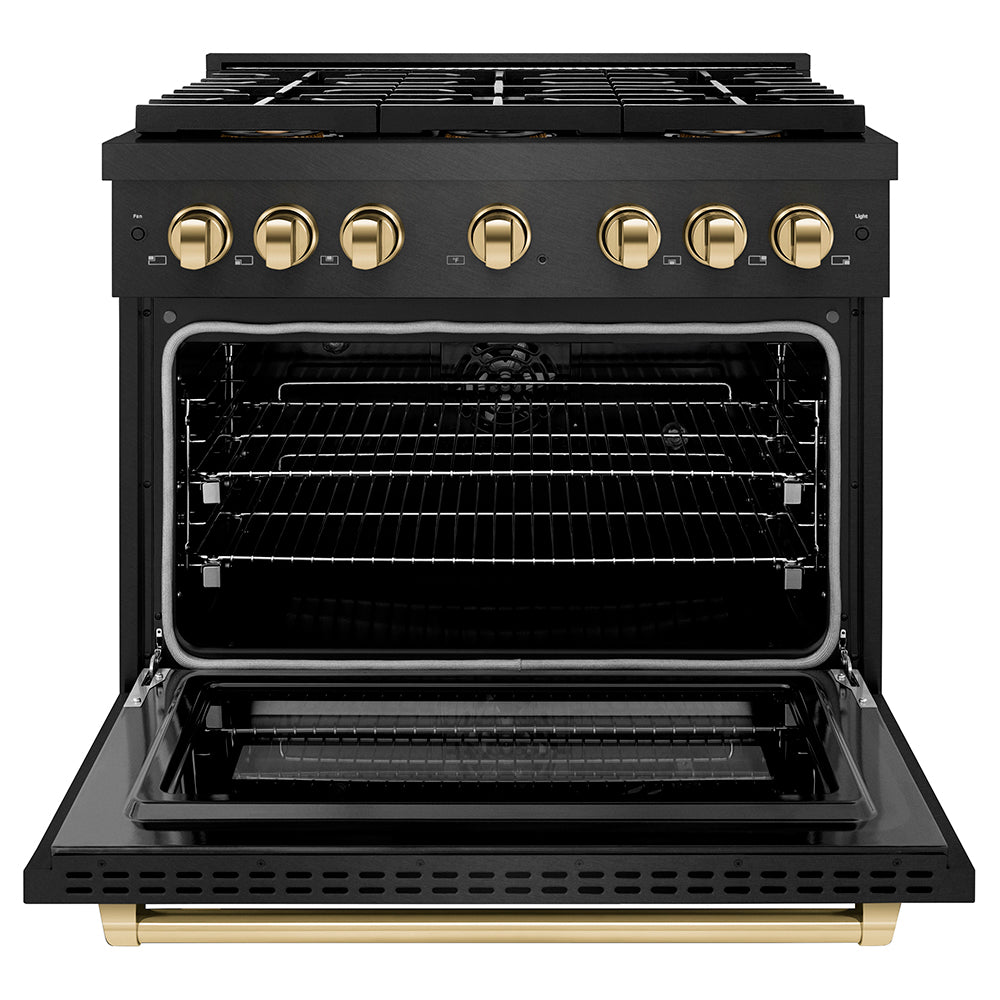 ZLINE Autograph Edition 36 in. 5.2 cu. ft. Paramount Dual Fuel Range with 6 Burner DuoPro™ Cooktop and Electric Convection Oven in Black Satin Stainless Steel and Polished Gold Accents (PSDRBSZ-36-G) front, oven open.