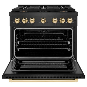 ZLINE Autograph Edition 36 in. 5.2 cu. ft. Paramount Dual Fuel Range with 6 Burner DuoPro™ Cooktop and Electric Convection Oven in Black Satin Stainless Steel and Polished Gold Accents (PSDRBSZ-36-G) front, oven open.