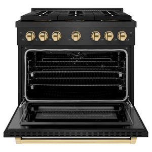 ZLINE Autograph Edition 36 in. 5.2 cu. ft. Paramount Dual Fuel Range with 6 Burner DuoPro™ Cooktop and Electric Convection Oven in Black Satin Stainless Steel and Polished Gold Accents (PSDRBSZ-36-G) front, oven open.