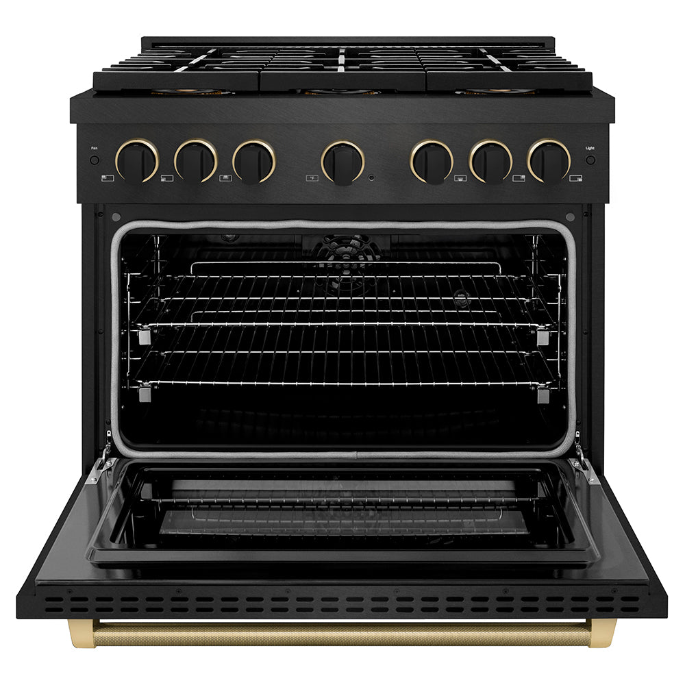 ZLINE Designer Collection 36 in. 5.2 cu. ft. Paramount Dual Fuel Range with 6 Burner DuoPro™ Cooktop and Electric Convection Oven in Black Satin Stainless Steel with Matte Black and Champagne Bronze Accents (PSDRBSZ-36-MBCB) front, oven open.