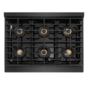 ZLINE Designer Collection 36 in. 5.2 cu. ft. Paramount Dual Fuel Range with 6 Burner DuoPro™ Cooktop and Electric Convection Oven in Black Satin Stainless Steel with Matte Black and Champagne Bronze Accents (PSDRBSZ-36-MBCB) top-down, above cooktop.