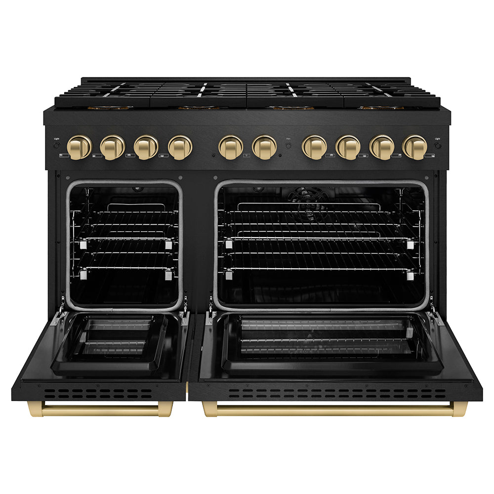 ZLINE Autograph Edition 48 in. 6.7 cu. ft. Paramount Dual Fuel Range with 8 Burner DuoPro™ Cooktop and Dual Ovens in Black Satin Stainless Steel and Champagne Bronze Accents (PSDRBSZ-48-CB) front, oven open.