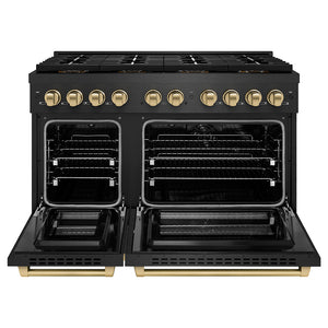 ZLINE Autograph Edition 48 in. 6.7 cu. ft. Paramount Dual Fuel Range with 8 Burner DuoPro™ Cooktop and Dual Ovens in Black Satin Stainless Steel and Champagne Bronze Accents (PSDRBSZ-48-CB) front, oven open.