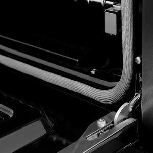 ZLINE Autograph Edition 48 in. 6.7 cu. ft. Paramount Dual Fuel Range with 8 Burner DuoPro™ Cooktop and Dual Ovens in Black Satin Stainless Steel and Champagne Bronze Accents (PSDRBSZ-48-CB) StayPut oven door hinge.