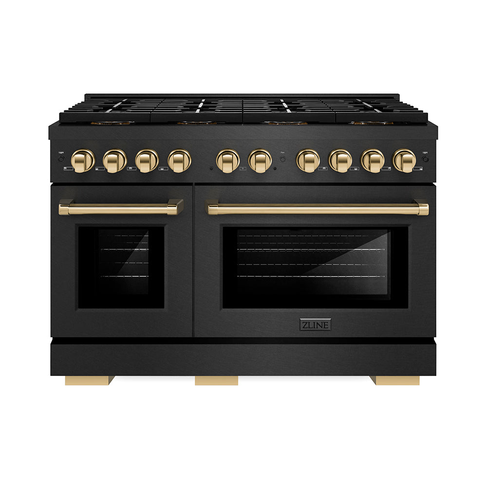 ZLINE Autograph Edition 48 in. 6.7 cu. ft. Paramount Dual Fuel Range with 8 Burner DuoPro™ Cooktop and Dual Ovens in Black Satin Stainless Steel and Polished Gold Accents (PSDRBSZ-48-G)