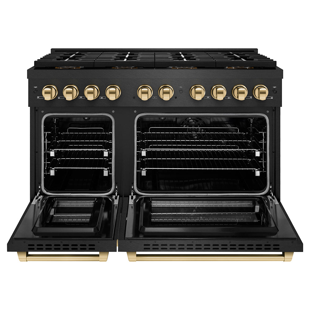 ZLINE Autograph Edition 48 in. 6.7 cu. ft. Paramount Dual Fuel Range with 8 Burner DuoPro™ Cooktop and Dual Ovens in Black Satin Stainless Steel and Polished Gold Accents (PSDRBSZ-48-G) front, oven open.