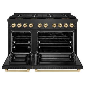 ZLINE Autograph Edition 48 in. 6.7 cu. ft. Paramount Dual Fuel Range with 8 Burner DuoPro™ Cooktop and Dual Ovens in Black Satin Stainless Steel and Polished Gold Accents (PSDRBSZ-48-G) front, oven open.
