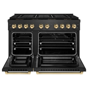 ZLINE Autograph Edition 48 in. 6.7 cu. ft. Paramount Dual Fuel Range with 8 Burner DuoPro™ Cooktop and Dual Ovens in Black Satin Stainless Steel and Polished Gold Accents (PSDRBSZ-48-G) front, oven open.