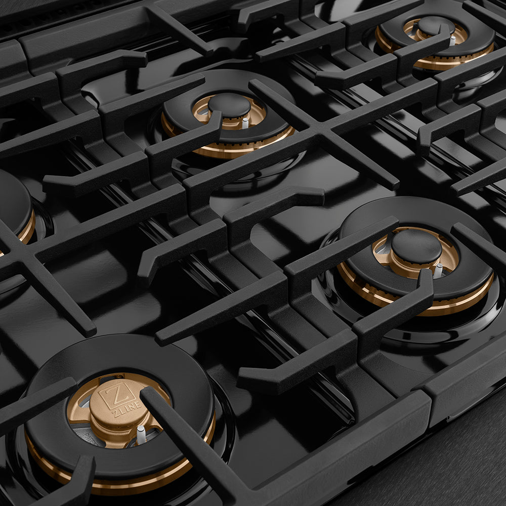 ZLINE Designer Collection 48 in. 6.7 cu. ft. Paramount Dual Fuel Range with 8 Burner DuoPro™ Cooktop and Dual Ovens in Black Satin Stainless Steel with Matte Black and Champagne Bronze Accents (PSDRBSZ-48-MBCB) burner spread and grates.