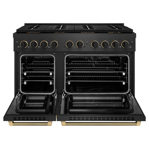 ZLINE Designer Collection 48 in. 6.7 cu. ft. Paramount Dual Fuel Range with 8 Burner DuoPro™ Cooktop and Dual Ovens in Black Satin Stainless Steel with Matte Black and Champagne Bronze Accents (PSDRBSZ-48-MBCB) front, oven open.