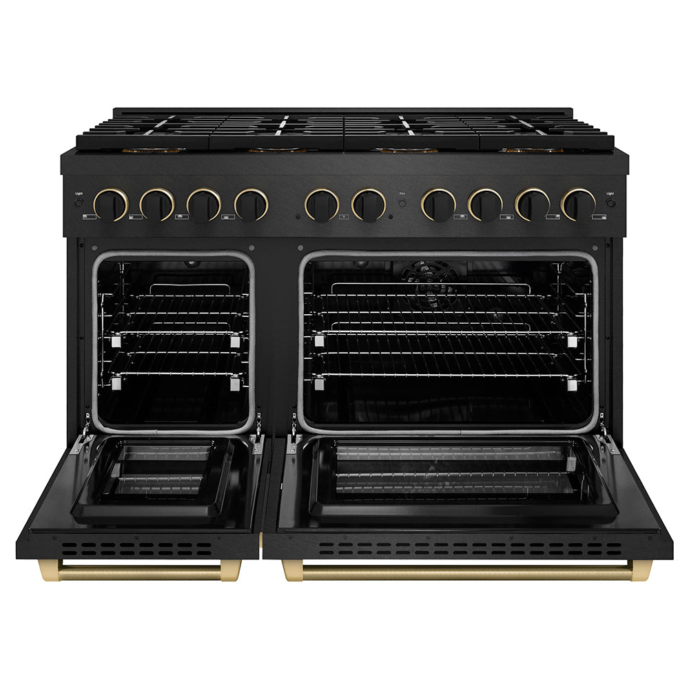 ZLINE Designer Collection 48 in. 6.7 cu. ft. Paramount Dual Fuel Range with 8 Burner DuoPro™ Cooktop and Dual Ovens in Black Satin Stainless Steel with Matte Black and Champagne Bronze Accents (PSDRBSZ-48-MBCB) front, oven open.