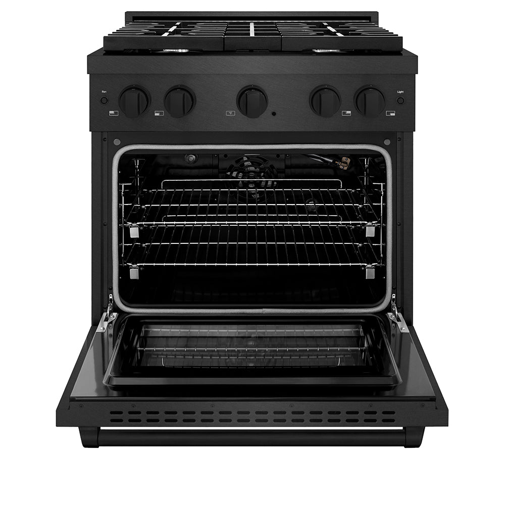 ZLINE 30 in. 4.2 cu. ft. Paramount Gas Range with 4 Burner Cooktop and Convection Gas Oven in Black Satin Stainless Steel (SGRBS-30) front, oven open.