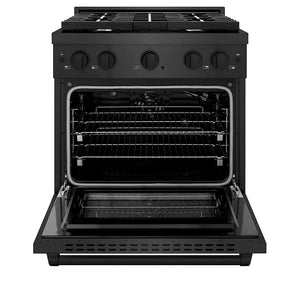 ZLINE 30 in. 4.2 cu. ft. Paramount Gas Range with 4 Burner Cooktop and Convection Gas Oven in Black Satin Stainless Steel (SGRBS-30) front, oven open.