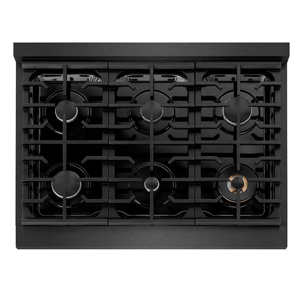 ZLINE 36 in. 5.2 cu. ft. Paramount Gas Range with 6 Burner Cooktop and Convection Gas Oven in Black Satin Stainless Steel (SGRBS-36) top-down, above cooktop.