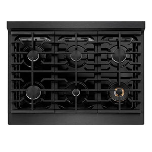 ZLINE 36 in. 5.2 cu. ft. Paramount Gas Range with 6 Burner Cooktop and Convection Gas Oven in Black Satin Stainless Steel (SGRBS-36) top-down, above cooktop.