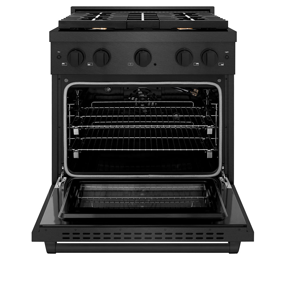 ZLINE 30 in. 4.2 cu. ft. Paramount Gas Range with Convection Gas Oven in Black Satin Stainless Steel with 4 Brass Burners (SGRBS-BR-30) front, oven open.