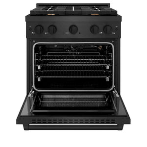 ZLINE 30 in. 4.2 cu. ft. Paramount Gas Range with Convection Gas Oven in Black Satin Stainless Steel with 4 Brass Burners (SGRBS-BR-30) front, oven open.