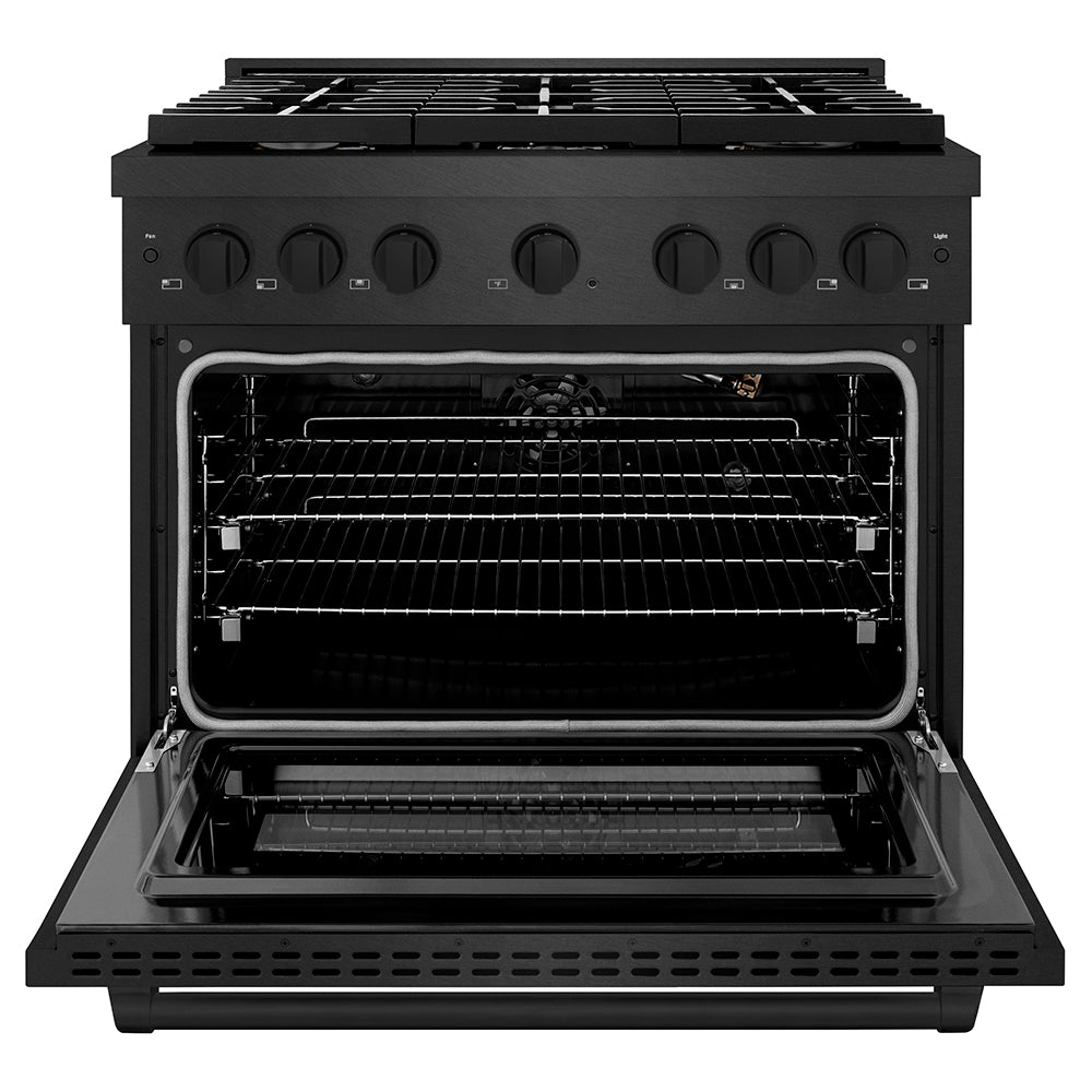 ZLINE 36 in. 5.2 cu. ft. Paramount Gas Range with Convection Gas Oven in Black Satin Stainless Steel with 6 Brass Burners (SGRBS-BR-36) front, oven open.