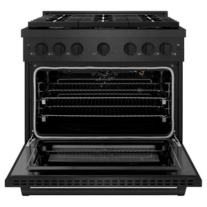 ZLINE 36 in. 5.2 cu. ft. Paramount Gas Range with Convection Gas Oven in Black Satin Stainless Steel with 6 Brass Burners (SGRBS-BR-36) front, oven open.