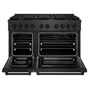 ZLINE 48 in. 6.7 cu. ft. Paramount Double Oven Gas Range in Black Satin Stainless Steel with 8 Brass Burners (SGRBS-BR-48) front, oven open.