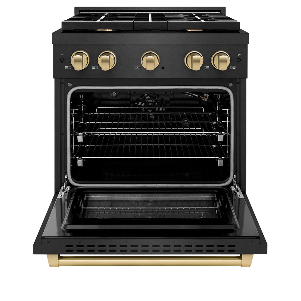 ZLINE Autograph Edition 30 in. 4.2 cu. ft. Paramount Gas Range with 4 Burner Cooktop and Convection Gas Oven in Black Satin Stainless Steel and Champagne Bronze Accents (SGRBSZ-30-CB) front, oven open.