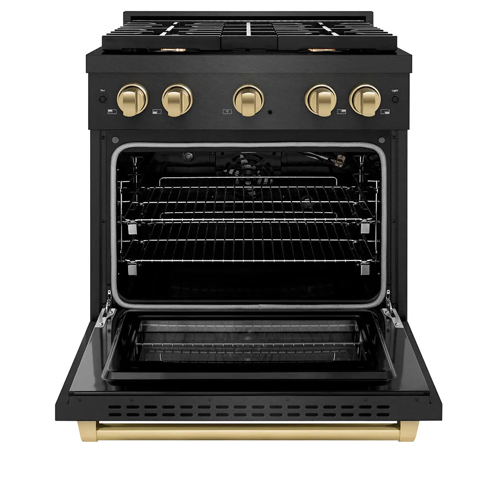 ZLINE Autograph Edition 30 in. 4.2 cu. ft. Paramount Gas Range with 4 Burner Cooktop and Convection Gas Oven in Black Satin Stainless Steel and Champagne Bronze Accents (SGRBSZ-30-CB) front, oven open.