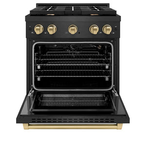 ZLINE Autograph Edition 30 in. 4.2 cu. ft. Paramount Gas Range with 4 Burner Cooktop and Convection Gas Oven in Black Satin Stainless Steel and Champagne Bronze Accents (SGRBSZ-30-CB) front, oven open.