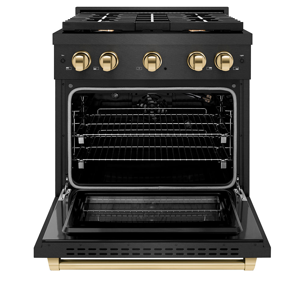 ZLINE Autograph Edition 30 in. 4.2 cu. ft. Paramount Gas Range with 4 Burner Cooktop and Convection Gas Oven in Black Satin Stainless Steel and Polished Gold Accents (SGRBSZ-30-G) front, oven open.