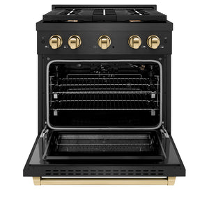 ZLINE Autograph Edition 30 in. 4.2 cu. ft. Paramount Gas Range with 4 Burner Cooktop and Convection Gas Oven in Black Satin Stainless Steel and Polished Gold Accents (SGRBSZ-30-G) front, oven open.