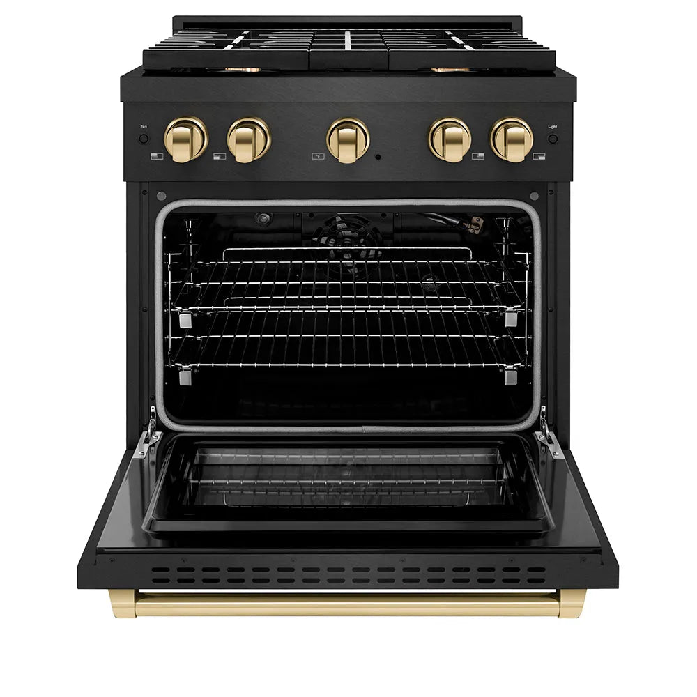 ZLINE Autograph Edition 30 in. 4.2 cu. ft. Paramount Gas Range with 4 Burner Cooktop and Convection Gas Oven in Black Satin Stainless Steel and Polished Gold Accents (SGRBSZ-30-G) front, oven open.