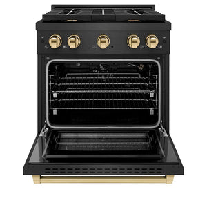 ZLINE Autograph Edition 30 in. 4.2 cu. ft. Paramount Gas Range with 4 Burner Cooktop and Convection Gas Oven in Black Satin Stainless Steel and Polished Gold Accents (SGRBSZ-30-G) front, oven open.