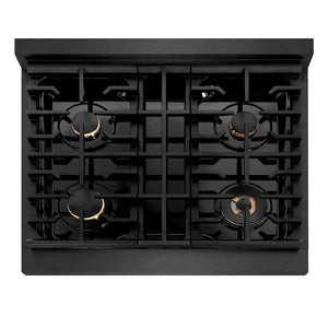 ZLINE Autograph Edition 30 in. 4.2 cu. ft. Paramount Gas Range with 4 Burner Cooktop and Convection Gas Oven in Black Satin Stainless Steel and Polished Gold Accents (SGRBSZ-30-G) top-down, above cooktop.