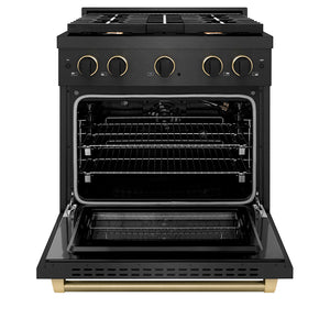 ZLINE Designer Collection 30 in. 4.2 cu. ft. Paramount Gas Range with 4 Burner Cooktop and Convection Gas Oven in Black Satin Stainless Steel with Matte Black and Champagne Bronze Accents (SGRBSZ-30-MBCB) front, oven open.
