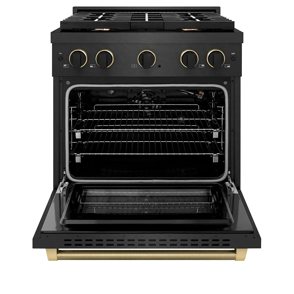 ZLINE Designer Collection 30 in. 4.2 cu. ft. Paramount Gas Range with 4 Burner Cooktop and Convection Gas Oven in Black Satin Stainless Steel with Matte Black and Champagne Bronze Accents (SGRBSZ-30-MBCB) front, oven open.