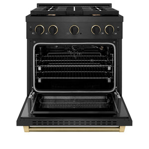 ZLINE Designer Collection 30 in. 4.2 cu. ft. Paramount Gas Range with 4 Burner Cooktop and Convection Gas Oven in Black Satin Stainless Steel with Matte Black and Champagne Bronze Accents (SGRBSZ-30-MBCB) front, oven open.