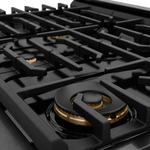 ZLINE Autograph Edition 36 in. 5.2 cu. ft. Paramount Gas Range with 6 Burner Cooktop and Convection Gas Oven in Black Satin Stainless Steel and Champagne Bronze Accents (SGRBSZ-36-CB) burners and grates.