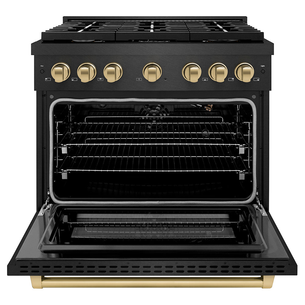 ZLINE Autograph Edition 36 in. 5.2 cu. ft. Paramount Gas Range with 6 Burner Cooktop and Convection Gas Oven in Black Satin Stainless Steel and Champagne Bronze Accents (SGRBSZ-36-CB) front, oven open.