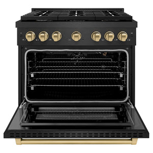 ZLINE Autograph Edition 36 in. 5.2 cu. ft. Paramount Gas Range with 6 Burner Cooktop and Convection Gas Oven in Black Satin Stainless Steel and Champagne Bronze Accents (SGRBSZ-36-CB) front, oven open.